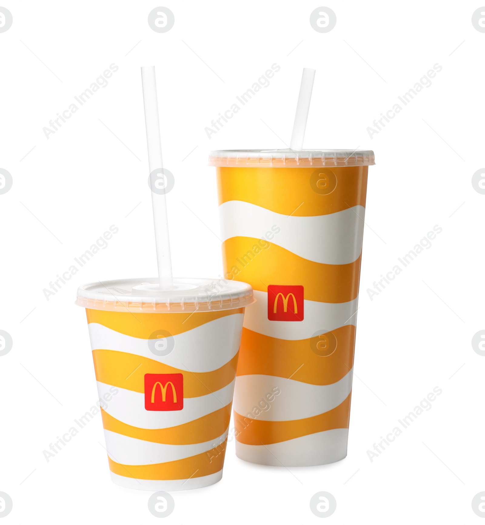 Photo of MYKOLAIV, UKRAINE - AUGUST 11, 2021: Cold McDonald's drinks isolated on white