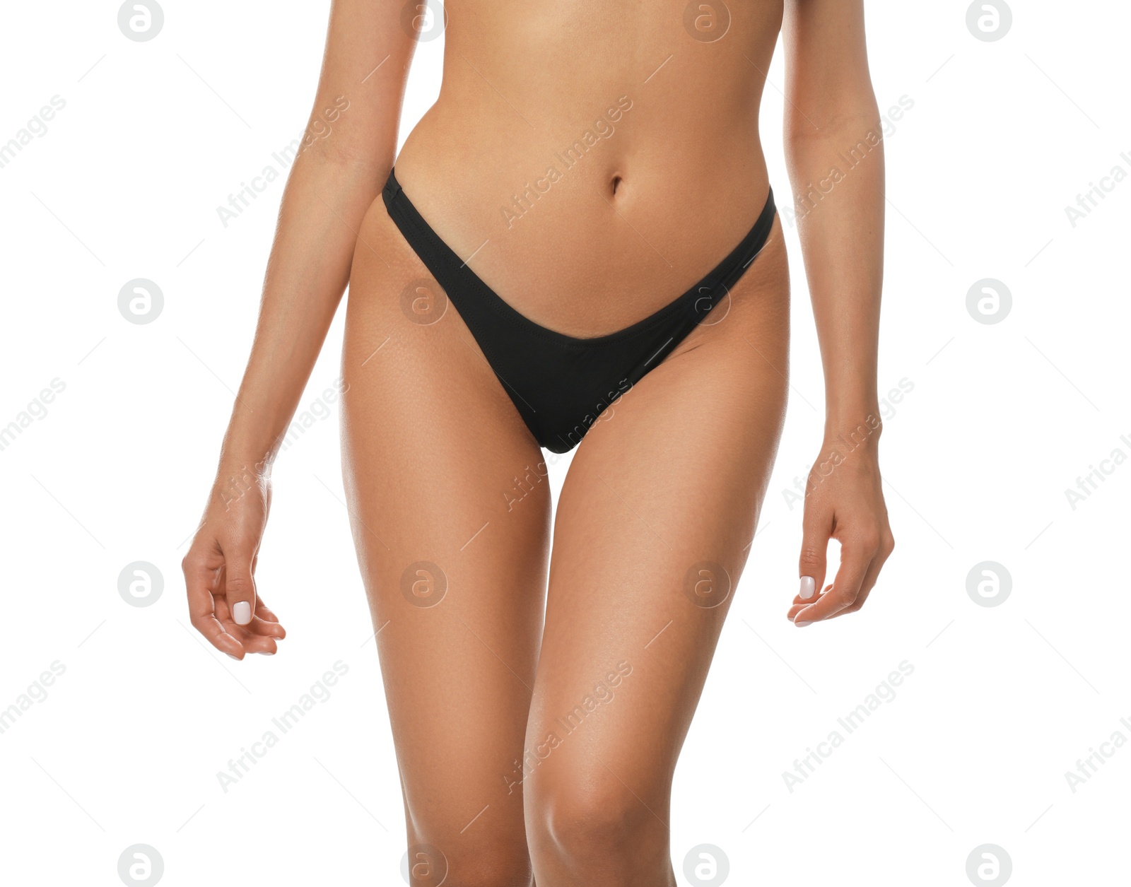 Photo of Sexy young woman in stylish swimsuit isolated on white, closeup. Beach body goal