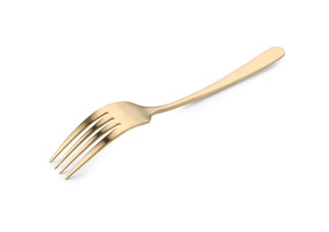 One shiny golden fork isolated on white