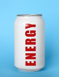 Image of Can of energy drink on light blue background