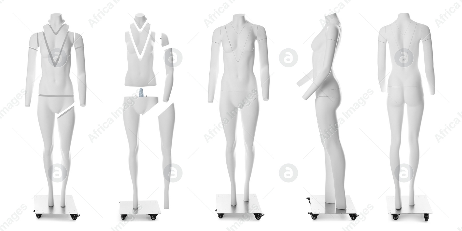 Image of Set of ghost headless mannequins with removable pieces on white background