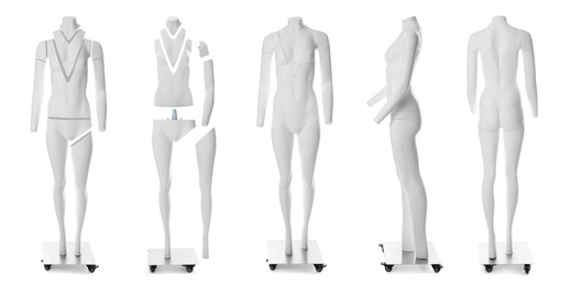 Set of ghost headless mannequins with removable pieces on white background