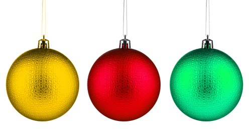 Image of Bright Christmas ball hanging on white background, collection