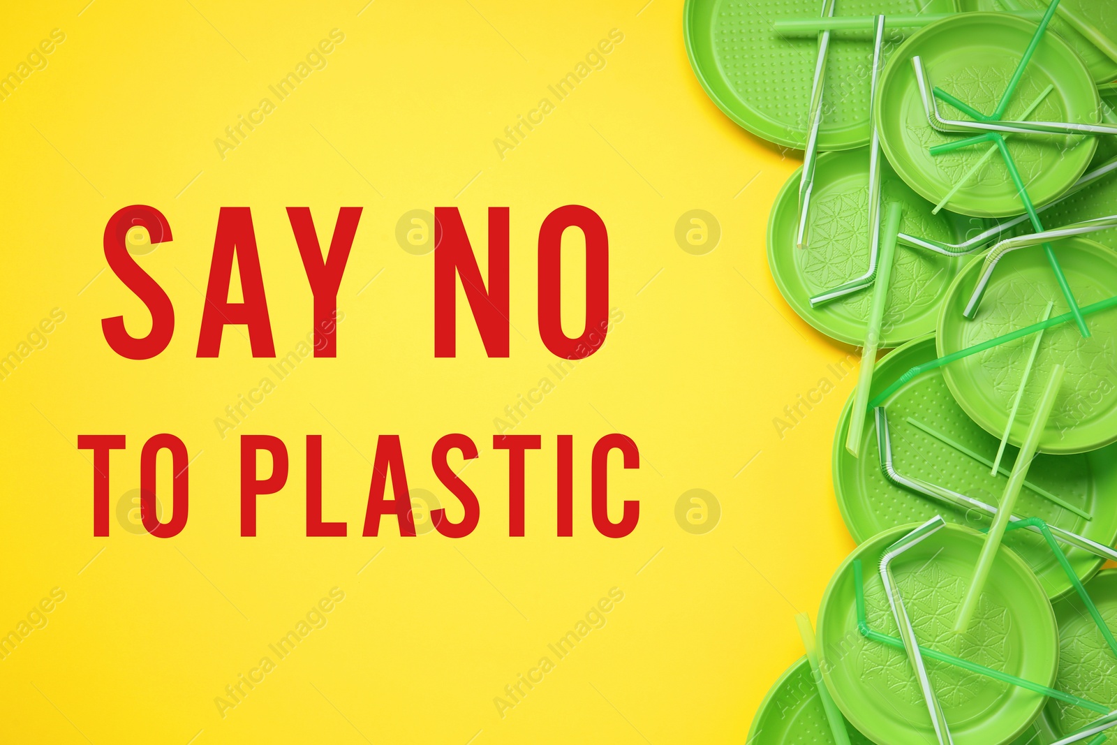 Image of Text SAY NO TO PLASTIC and disposable dishware on yellow background, flat lay.