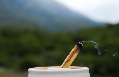 Photo of Burning palo santo stick on blurred background, closeup