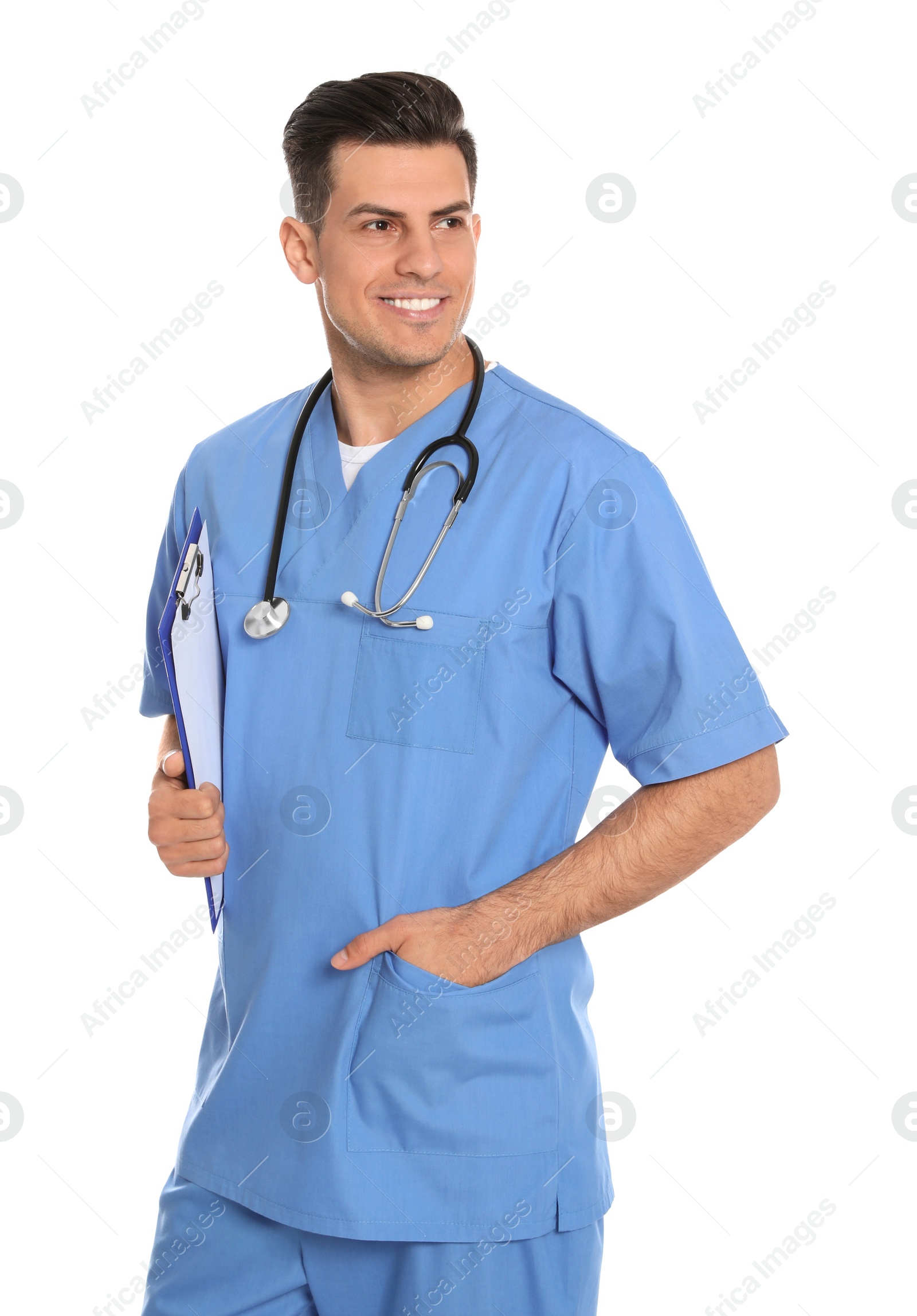 Photo of Portrait of medical doctor with clipboard and stethoscope isolated on white