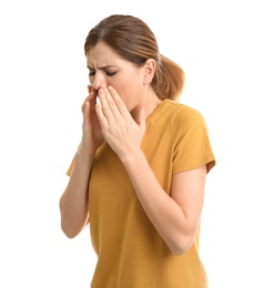 Photo of Woman suffering from cough isolated on white