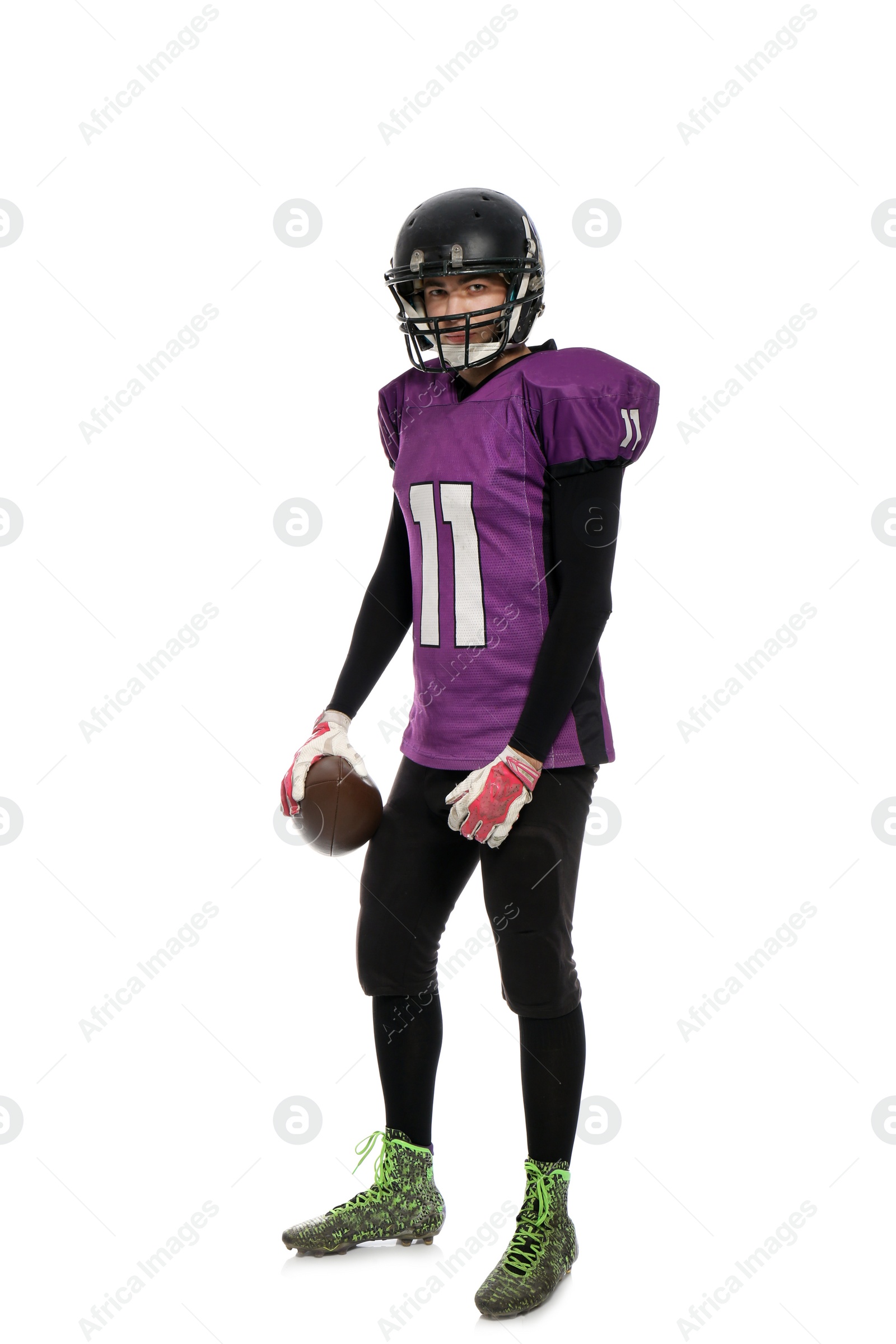 Photo of American football player with ball on white background