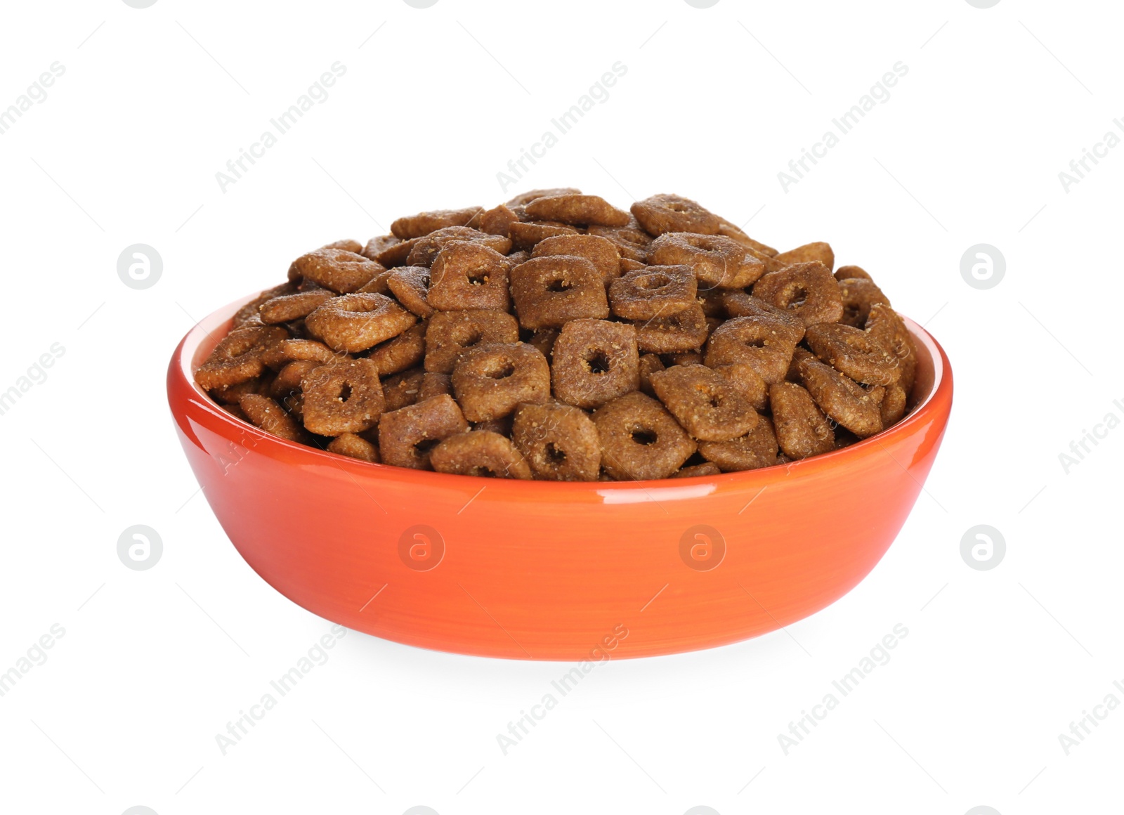 Photo of Dry food in orange pet bowl isolated on white