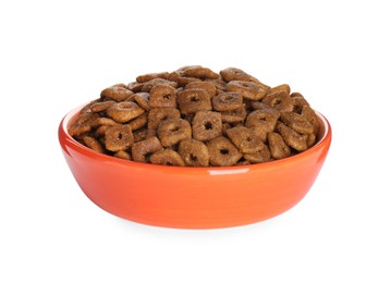 Photo of Dry food in orange pet bowl isolated on white