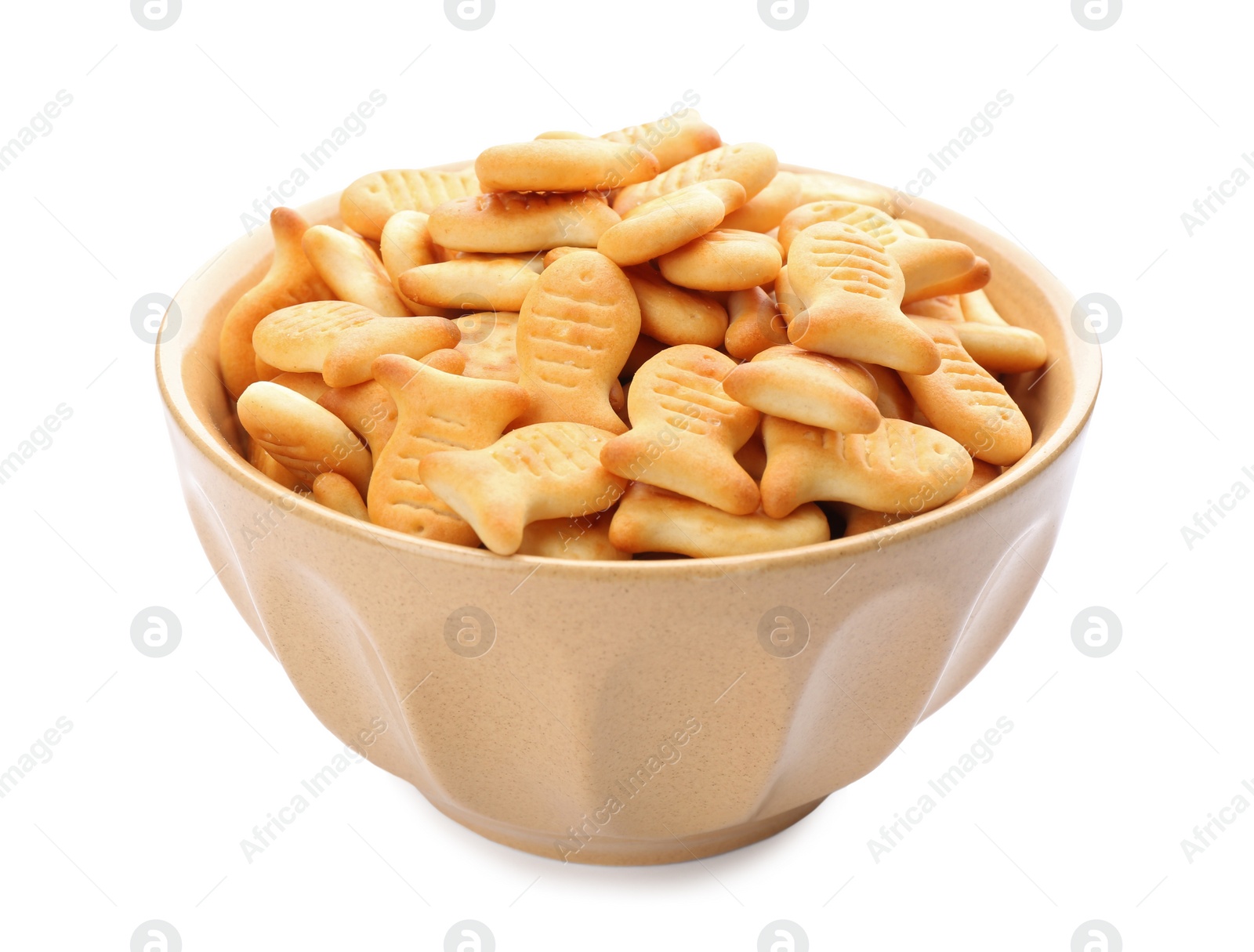 Photo of Delicious goldfish crackers in bowl isolated on white