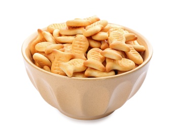 Delicious goldfish crackers in bowl isolated on white