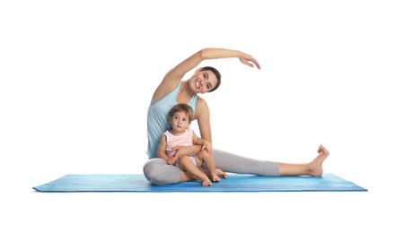 Photo of Young woman doing exercise with her son isolated on white. Time for fitness