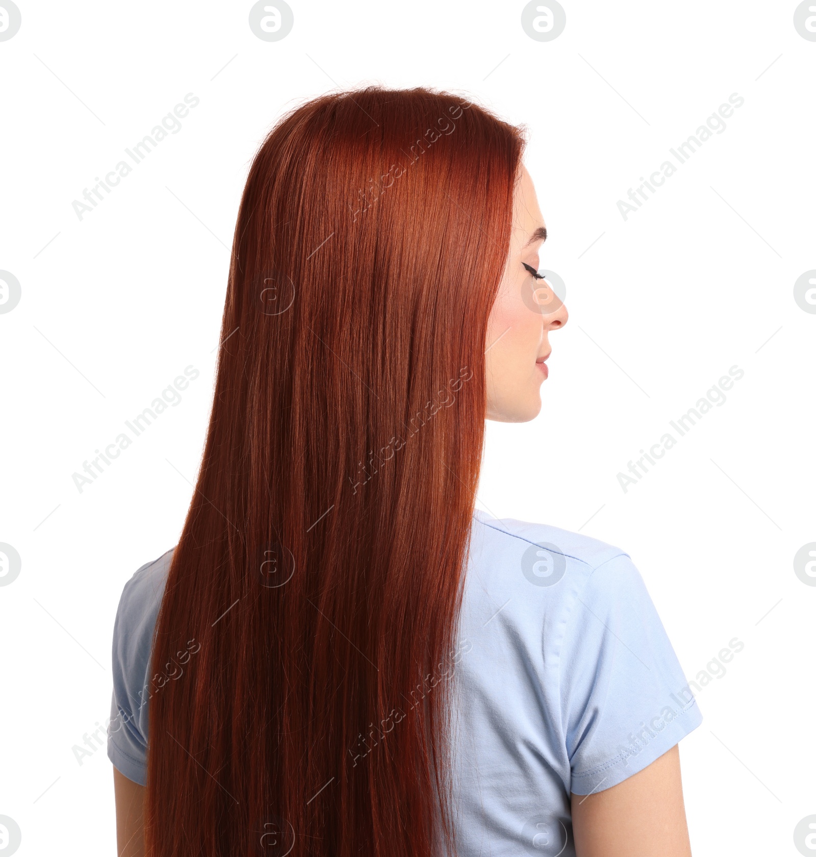Photo of Woman with red dyed hair on white background