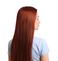 Woman with red dyed hair on white background