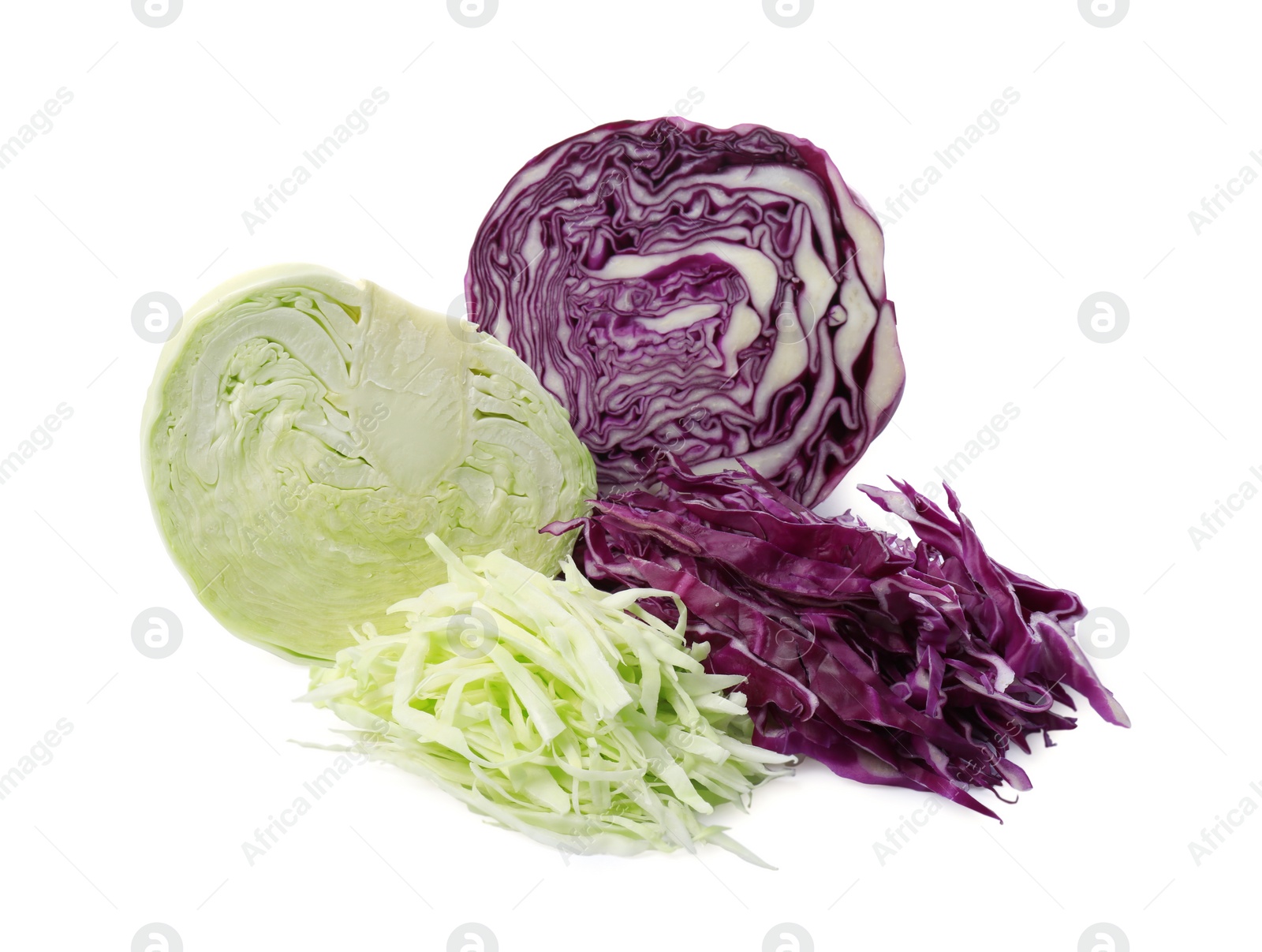 Photo of Different types of cut cabbage on white background