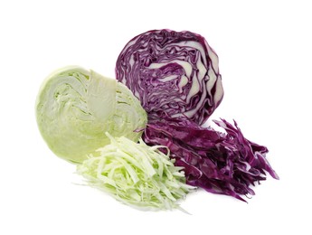 Photo of Different types of cut cabbage on white background