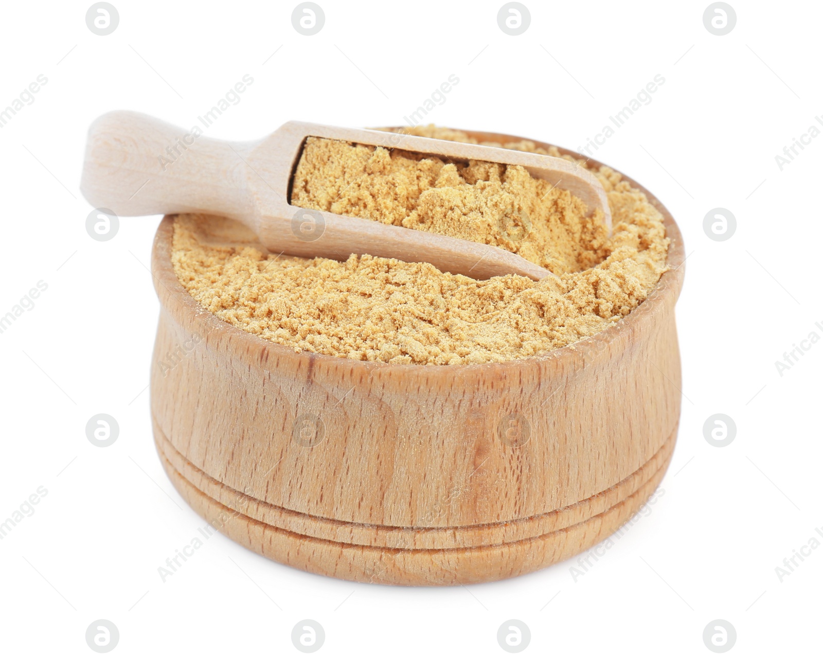 Photo of Wooden scoop and bowl with aromatic mustard powder on white background