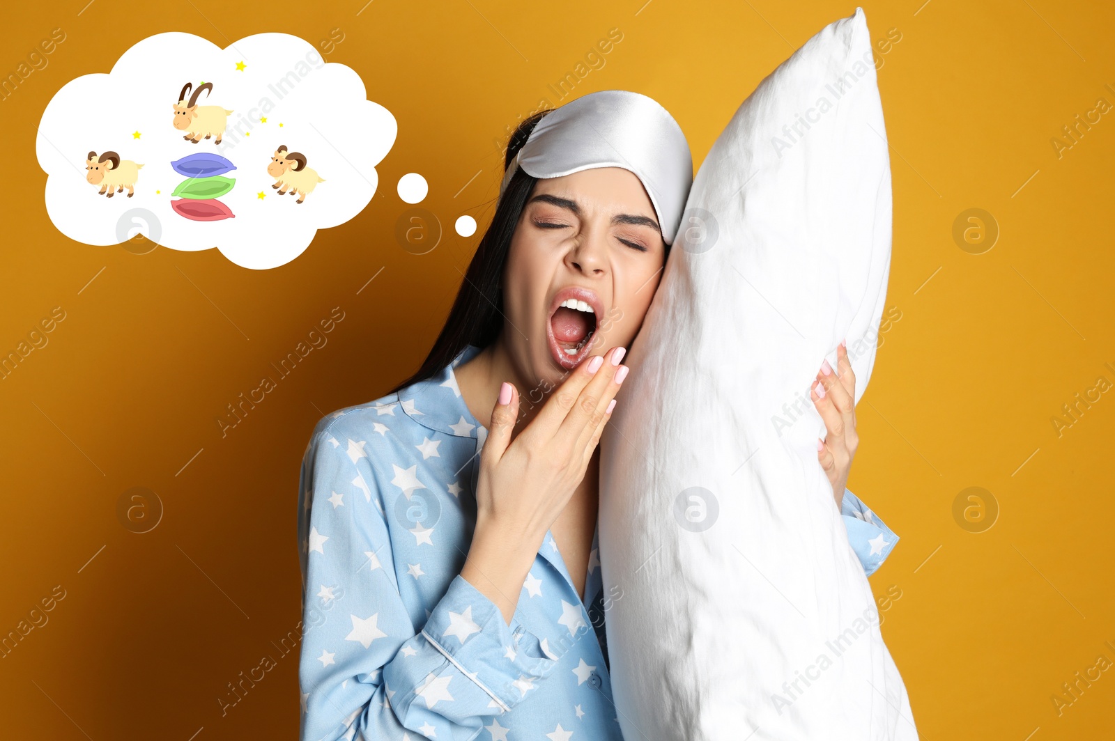 Image of Young tired woman with pillow yawning and counting sheep on yellow background