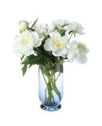 Photo of Beautiful blooming peonies in vase isolated on white