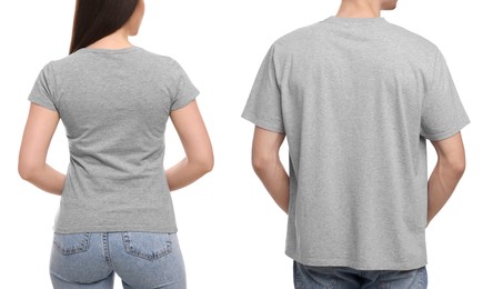 Image of People wearing grey t-shirts on white background, back view. Mockup for design