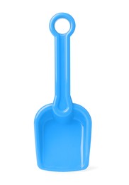 Photo of Light blue plastic toy shovel isolated on white