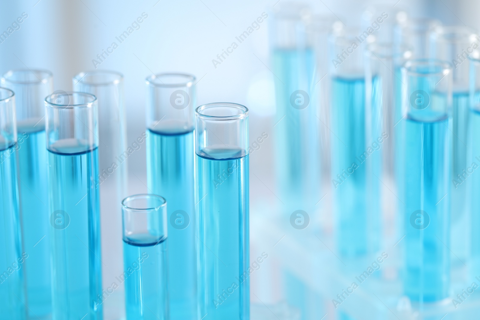 Photo of Test tubes with light blue liquid in laboratory, closeup. Space for text