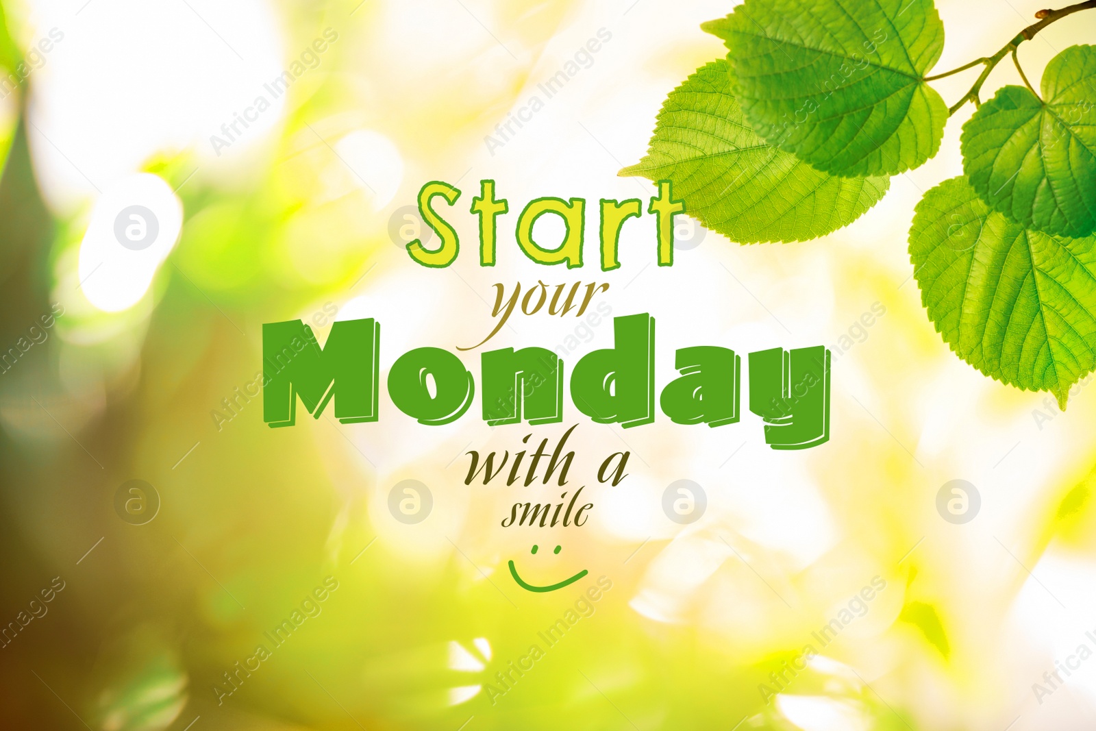Image of Motivational quote Start your Monday with a Smile and green leaves on blurred background. Bokeh effect