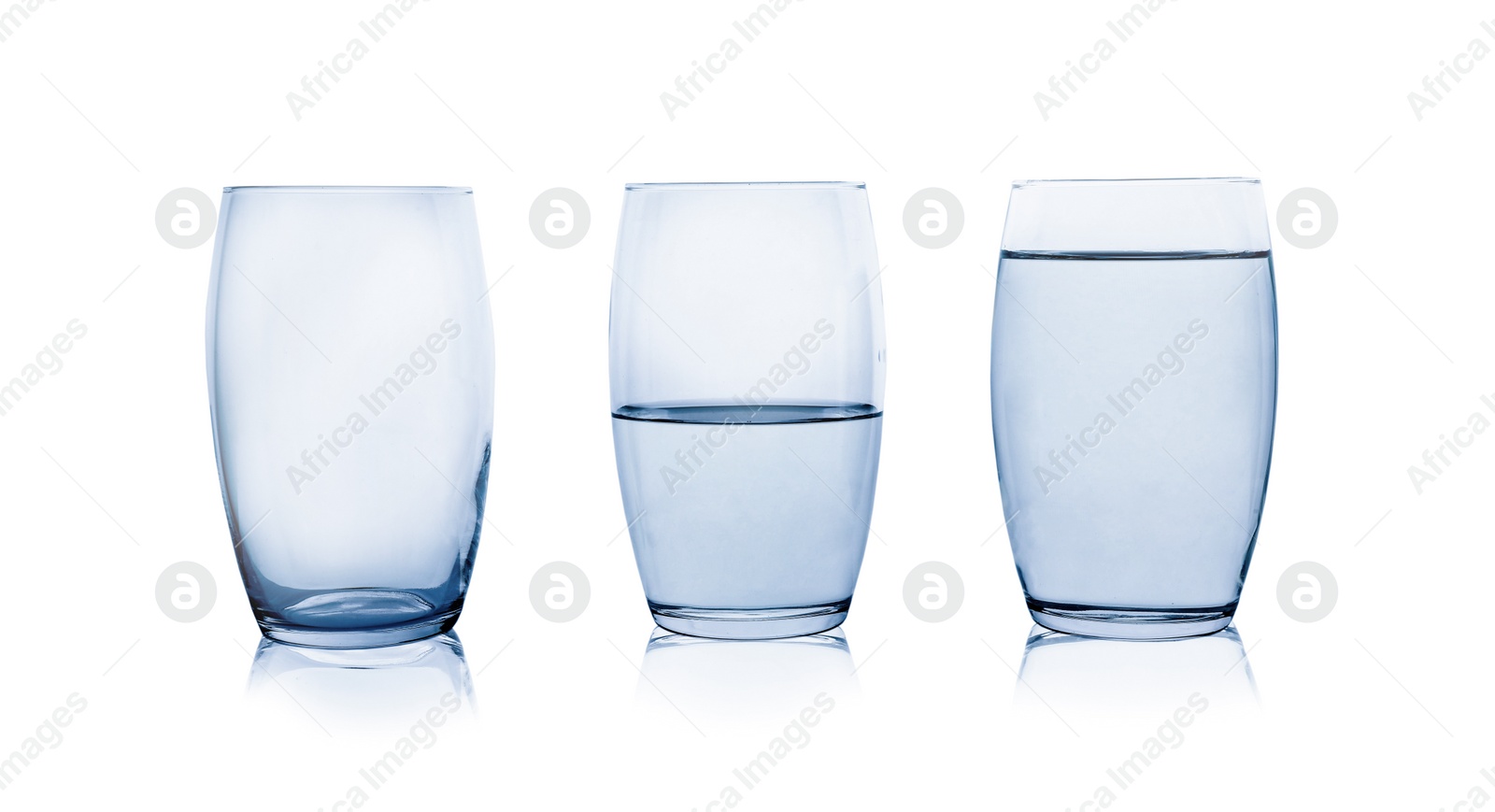 Photo of Empty, half and full glasses of water on white background