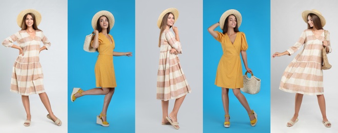 Collage with photos of young women wearing different dresses on bright backgrounds