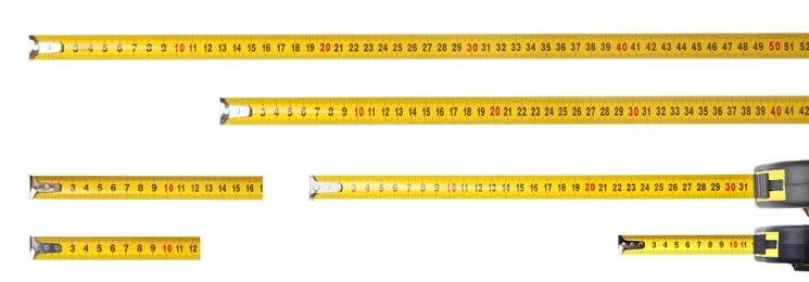 Image of Set with measuring tapes on white background, banner design