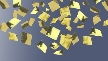 Image of Shiny golden confetti falling on dark grey background. Banner design