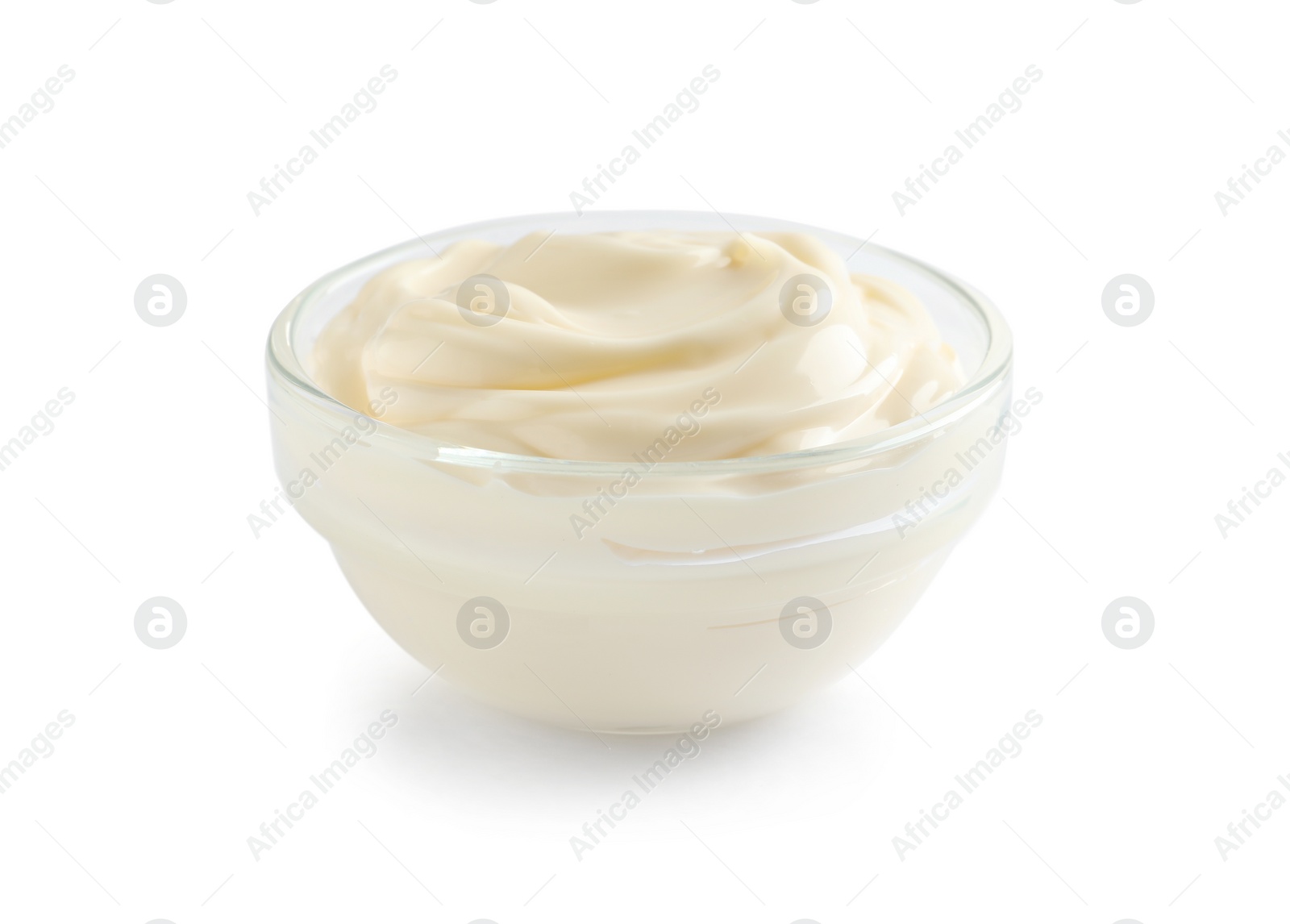 Photo of Delicious mayonnaise sauce in bowl on white background