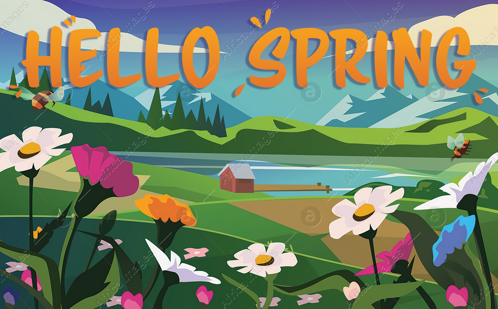 Illustration of Hello Spring card. Beautiful mountain landscape, bees flying over flowers. Illustration design