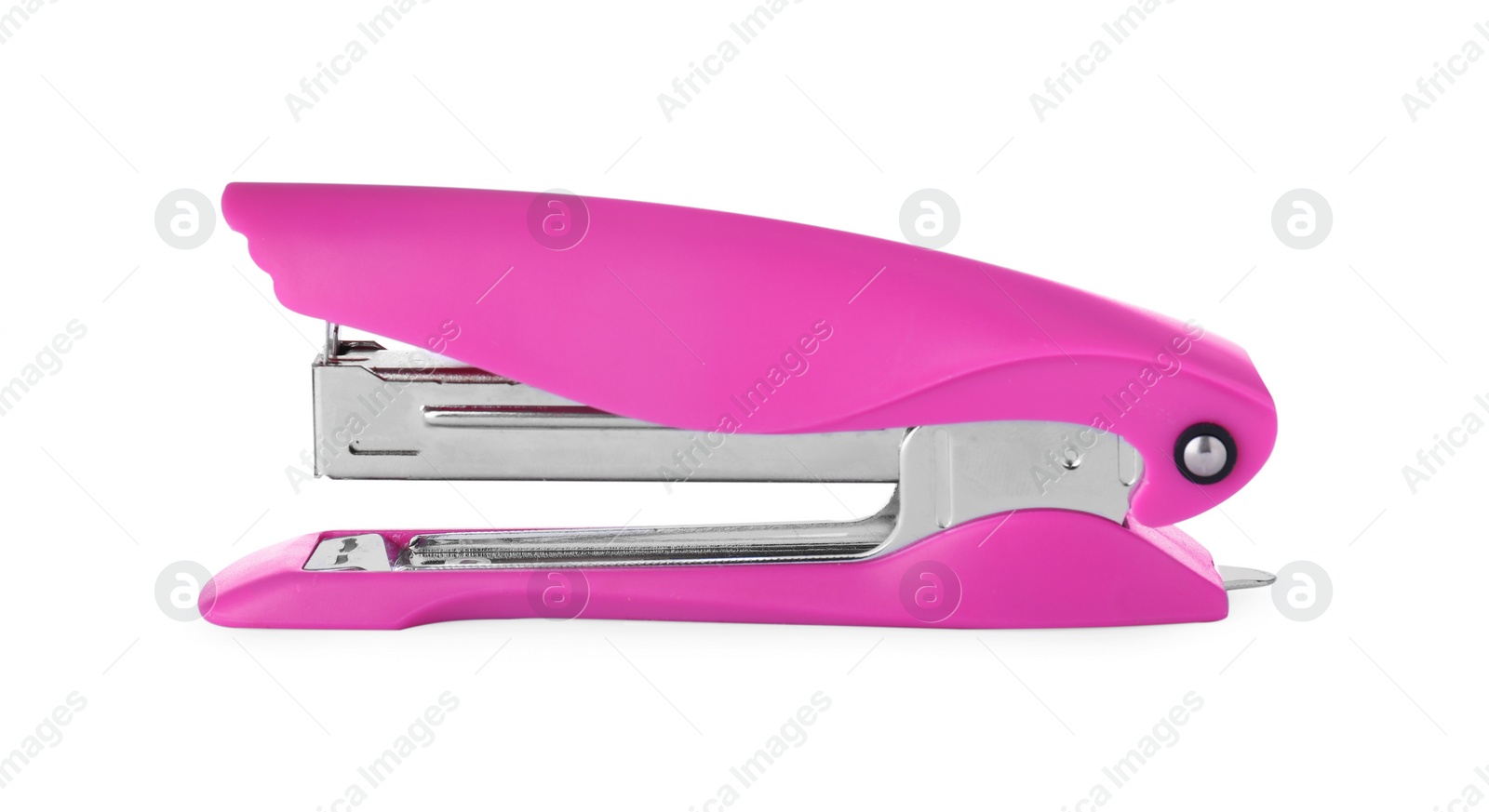 Photo of New bright pink stapler isolated on white