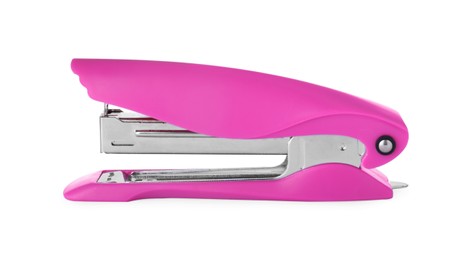 Photo of New bright pink stapler isolated on white