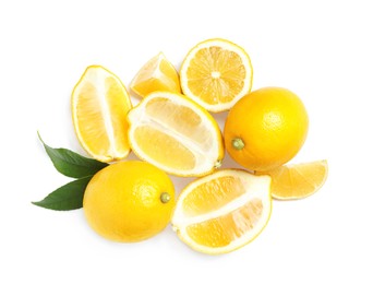 Fresh ripe lemons with leaves on white background, top view