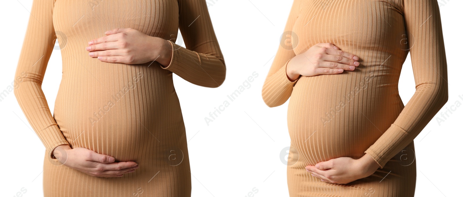 Image of Collage with photos of pregnant woman touching her belly on beige background, closeup. Banner design