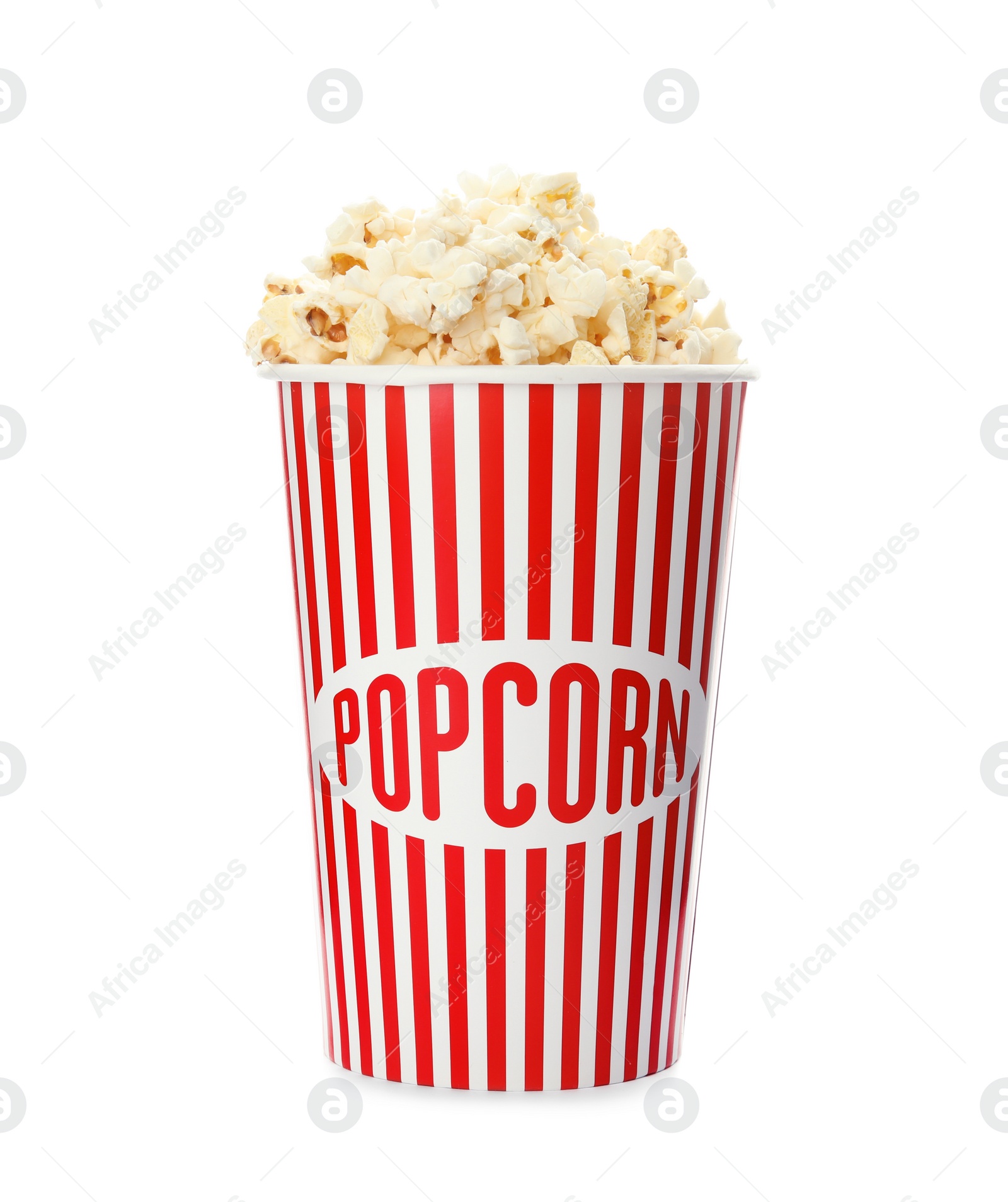 Photo of Carton cup with delicious fresh popcorn on white background