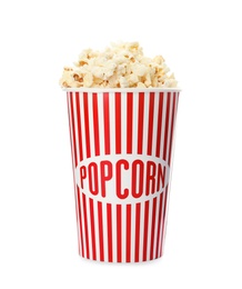 Photo of Carton cup with delicious fresh popcorn on white background