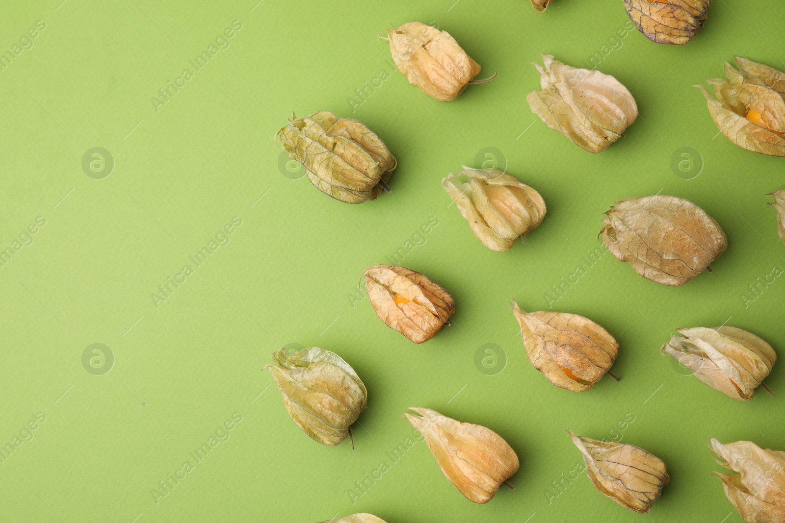 Photo of Ripe physalis fruits with calyxes on light green table, flat lay. Space for text