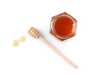 Photo of Tasty natural honey, glass jar and dipper on white background, top view