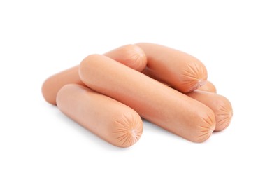 Photo of Many delicious boiled sausages on white background