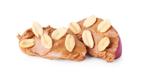 Slices of fresh apple with peanut butter and nuts isolated on white