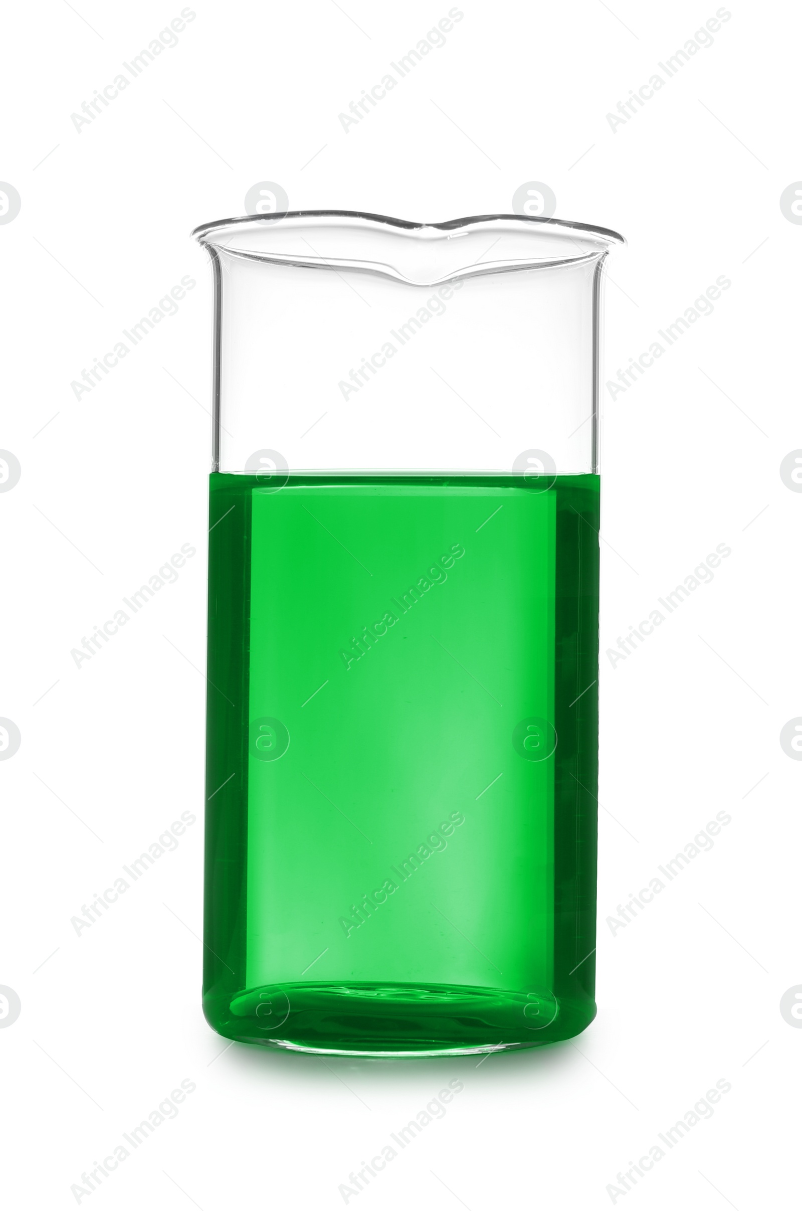 Image of Beaker with green liquid isolated on white. Laboratory glassware