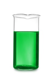 Beaker with green liquid isolated on white. Laboratory glassware