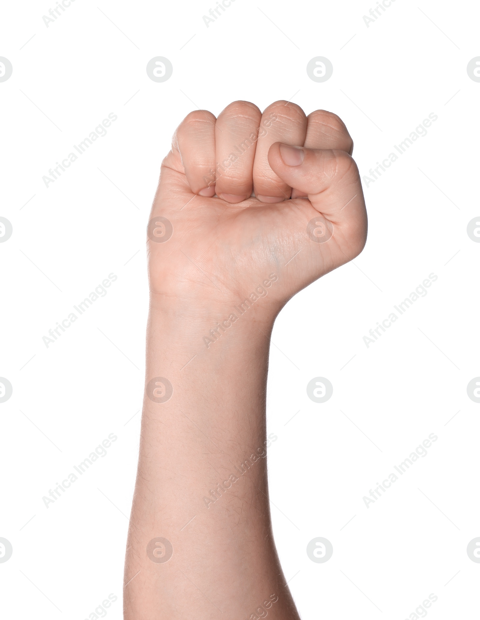 Photo of Man showing fist on white background, closeup