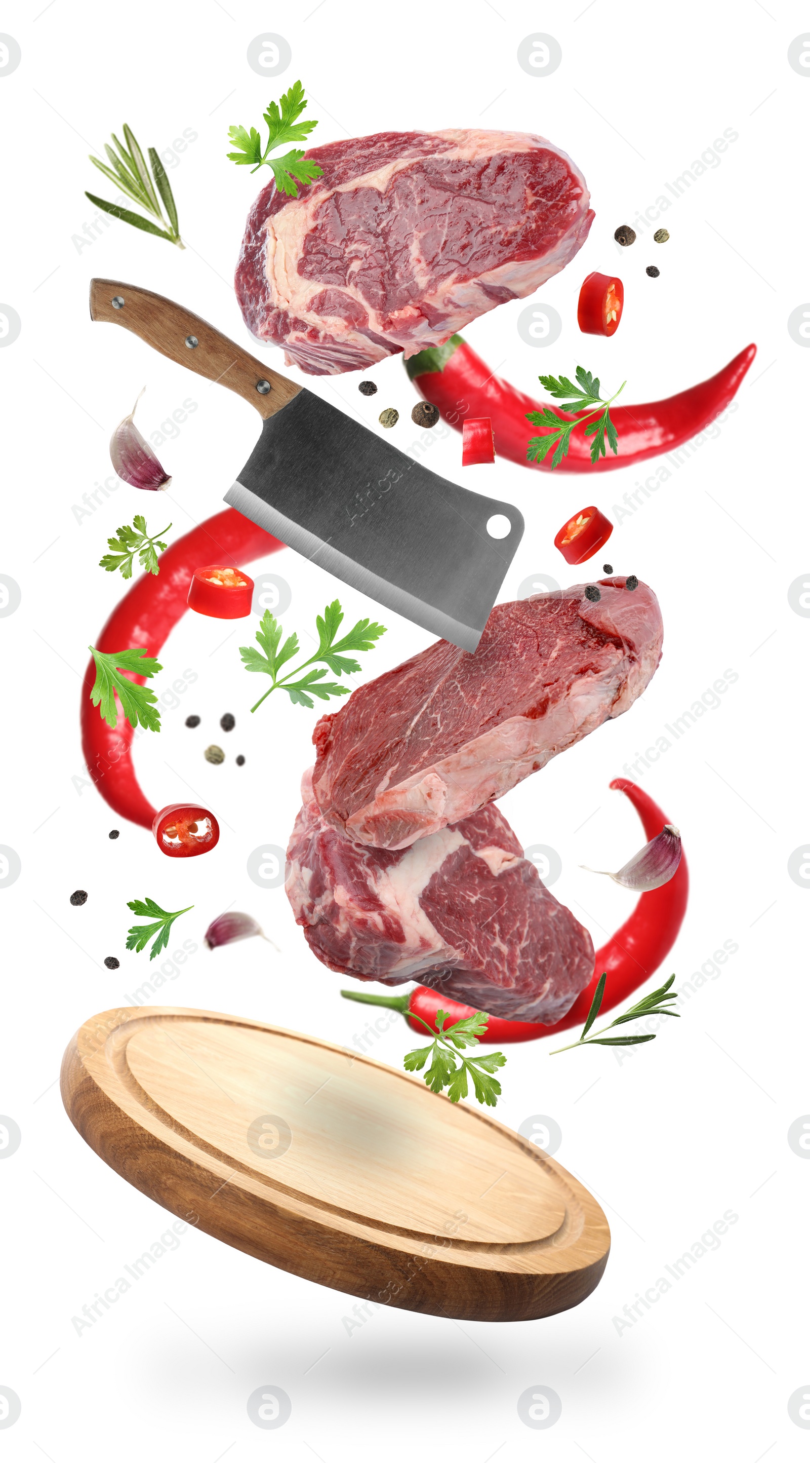 Image of Beef meat, different spices, cleaver knife and board falling on white background