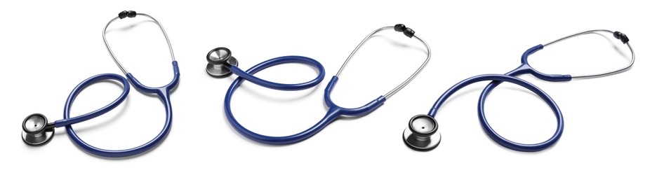 Image of Set with stethoscopes on white background. Banner design