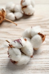Photo of Fluffy cotton flowers on white wooden table, closeup. Space for text